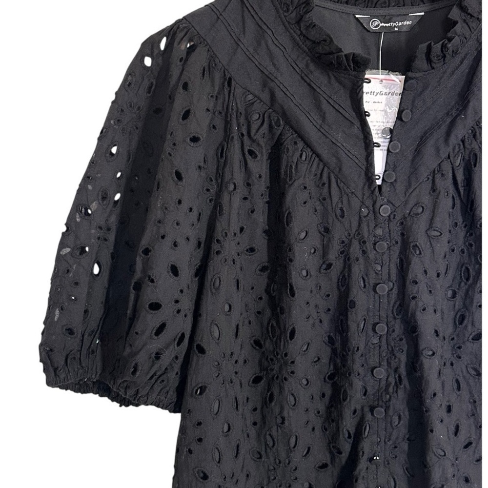 Pretty Garden Eyelet Short Lantern Puffy Sleeve  Blouse Black Size XL - Picture 3 of 7